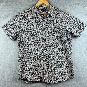 Toad&Co Mens Short Sleeve Fish Print Button Down Shirt Navy Blue Cream M